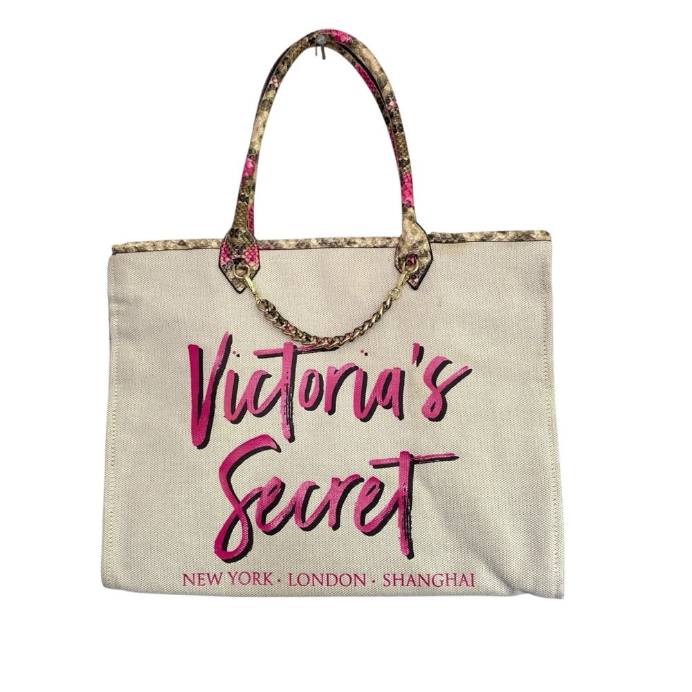 VICTORIA’S SECRET Canvas Tote Angel Pink City Pink  Cream Snakeskin Handles